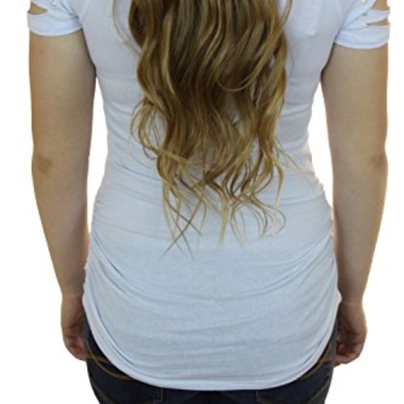 Bling White Side Cross Feather Razor Cut T Top - Picture 5 of 5